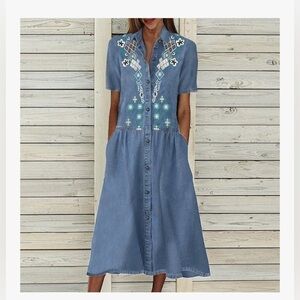 Nora Cora Embroidered Blue Denim Button Up Dress Pockets Sz L